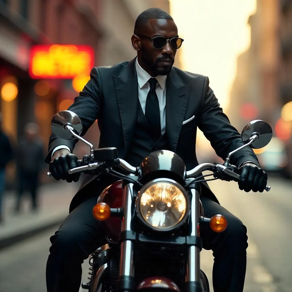 Elegant Black Man on a Photorealistic Motorcycle