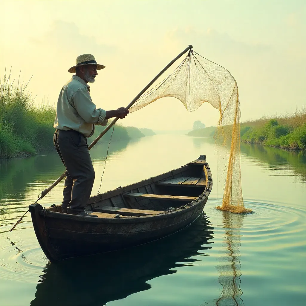 Tranquil Net Cast on a Wooden River Boat