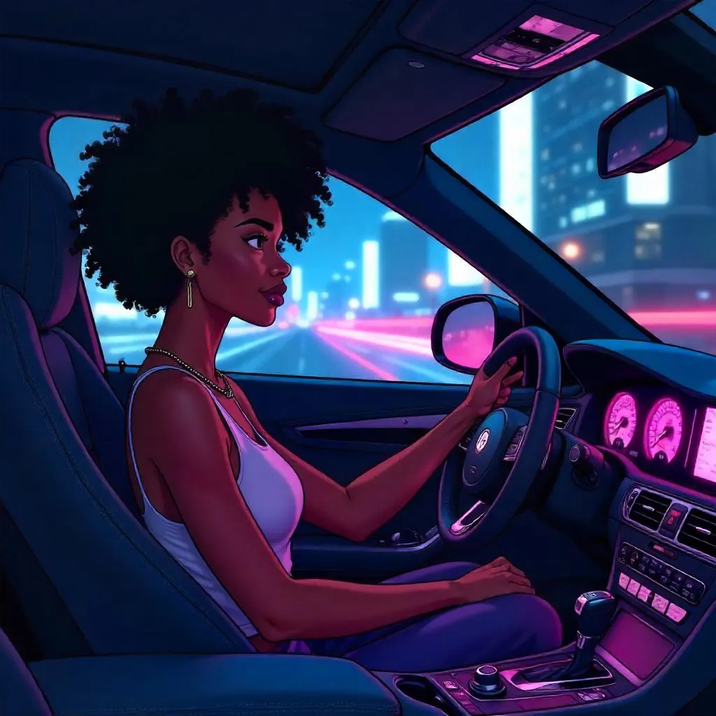 Neon Night Drive: Anime-Style Black Woman in a Car