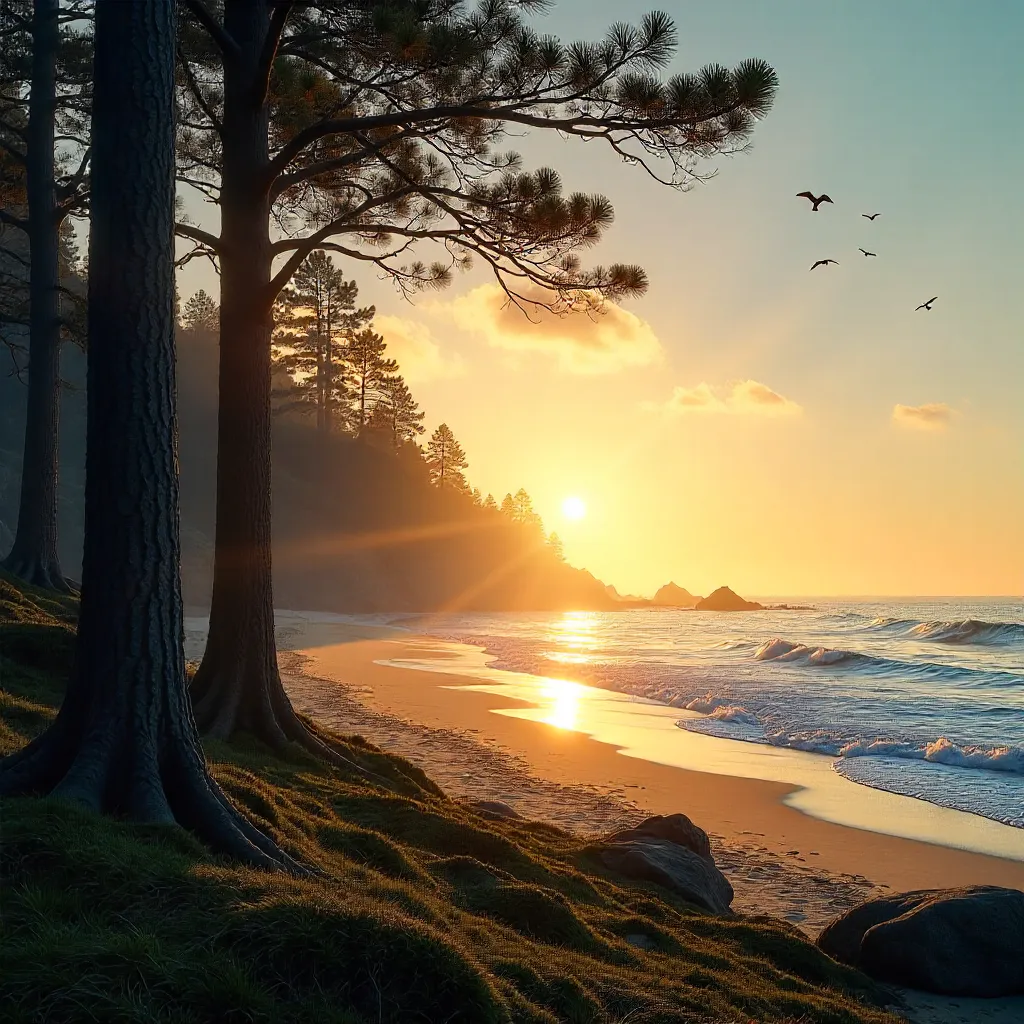 Sunrise Over Pine Forest by the Seaside