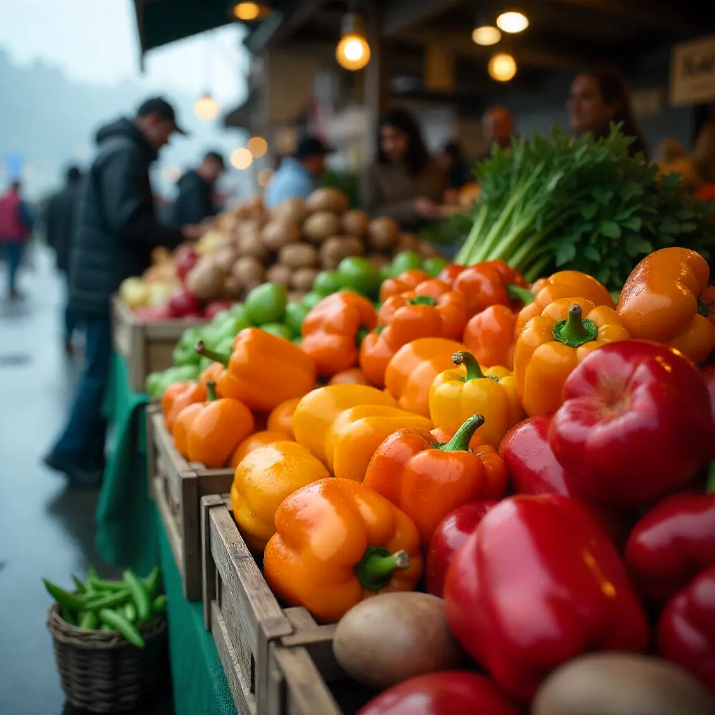 Vibrant Seattle Market Produce Display: Peppers, Potatoes, and Peas