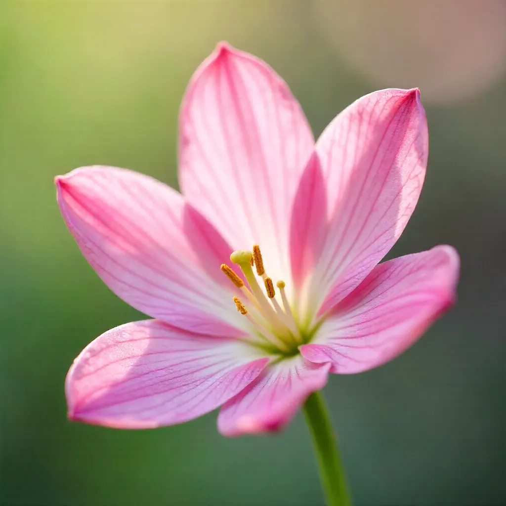 Macro Pink Zephyranthes in Bloom with Soft Bokeh