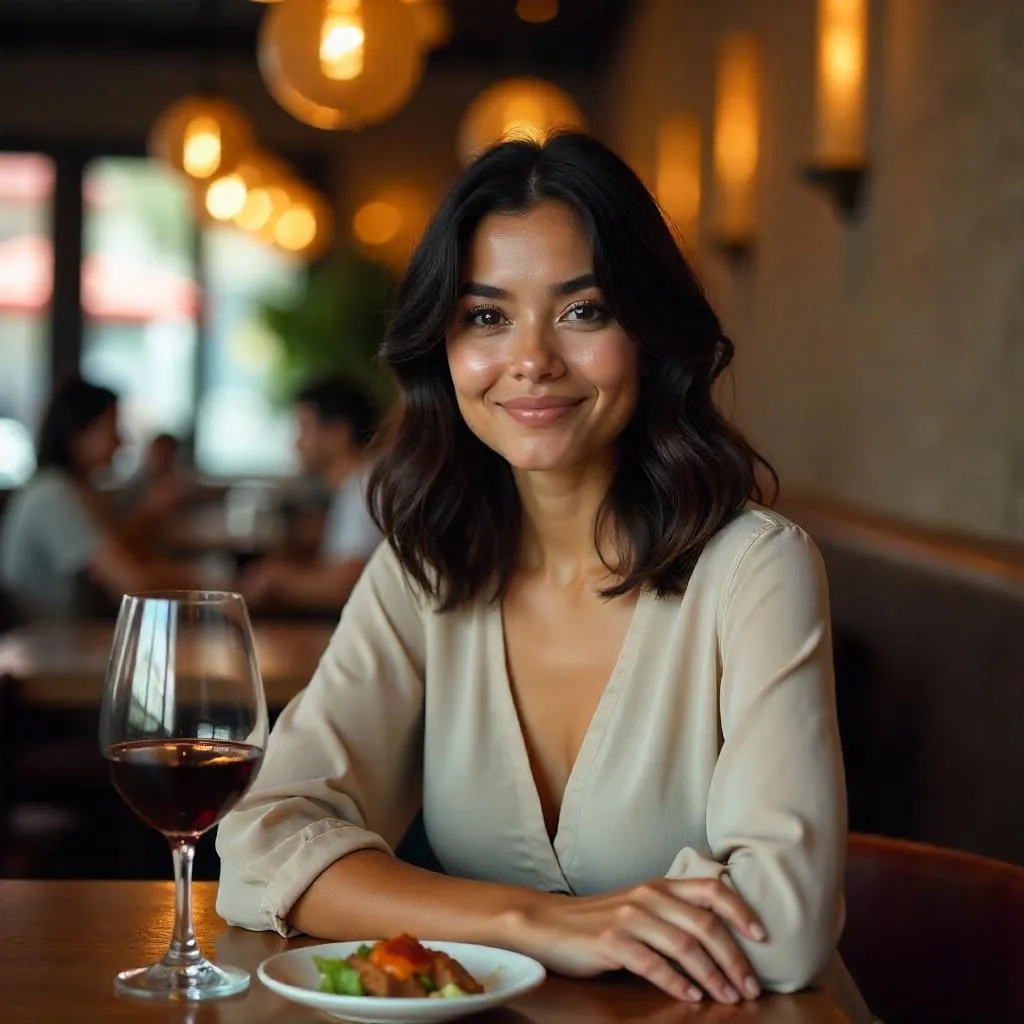 Photorealistic Latina in a Cozy Restaurant Scene