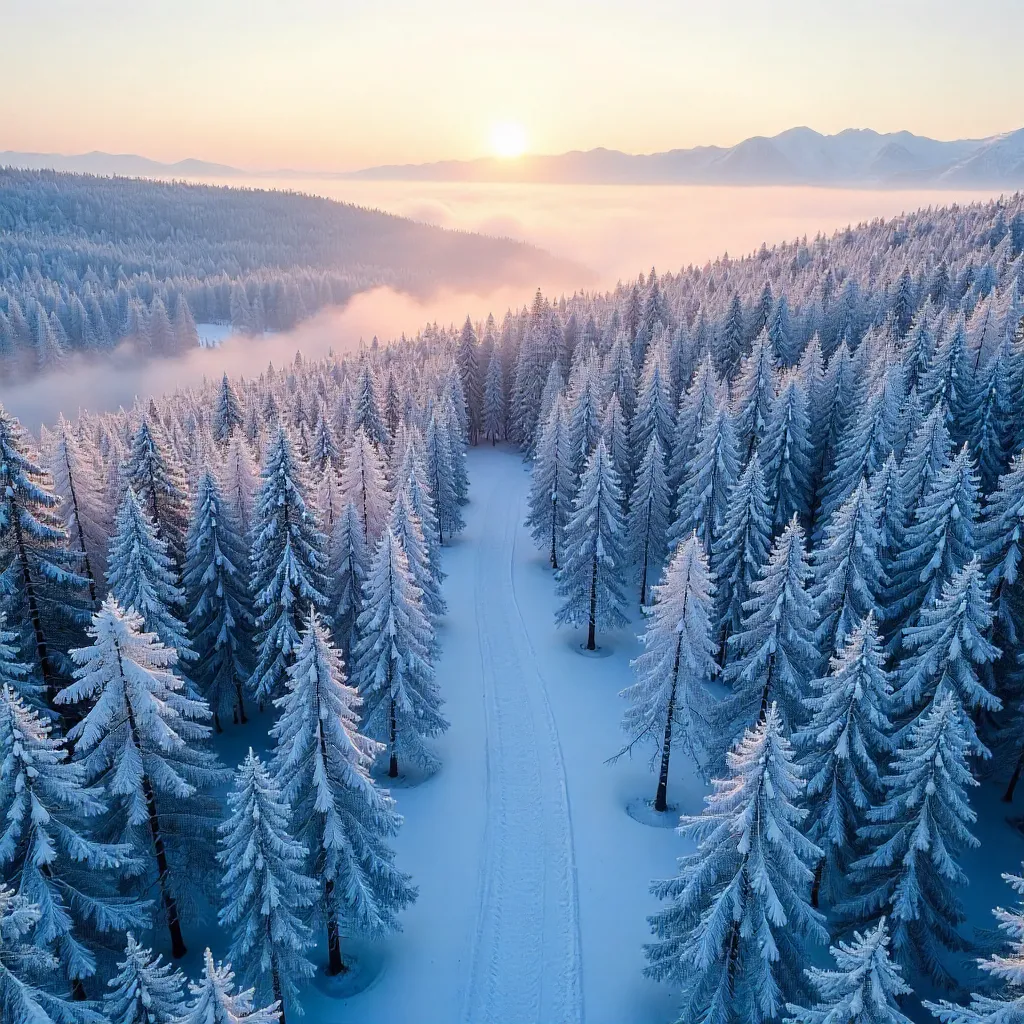 Aerial Winter Forest: Serene Snow-Blanketed Pines