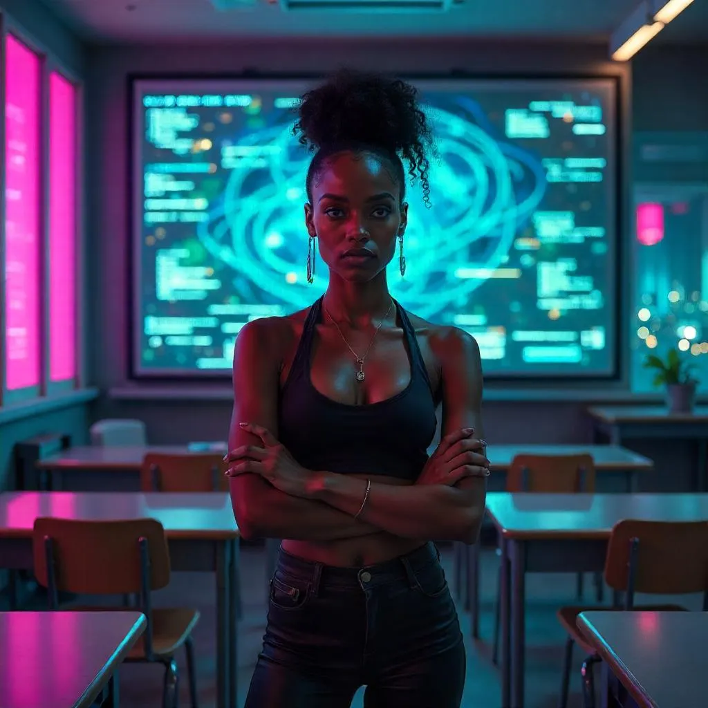 Confident Black Woman in a Neon Cyberpunk Classroom