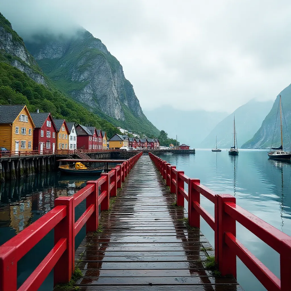 Red Railing Over Bergen's Fjord Mountains