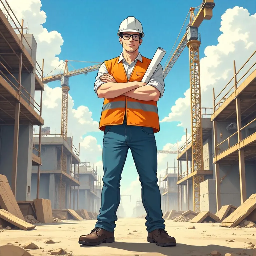 Confident White Man at a Construction Site (Anime)