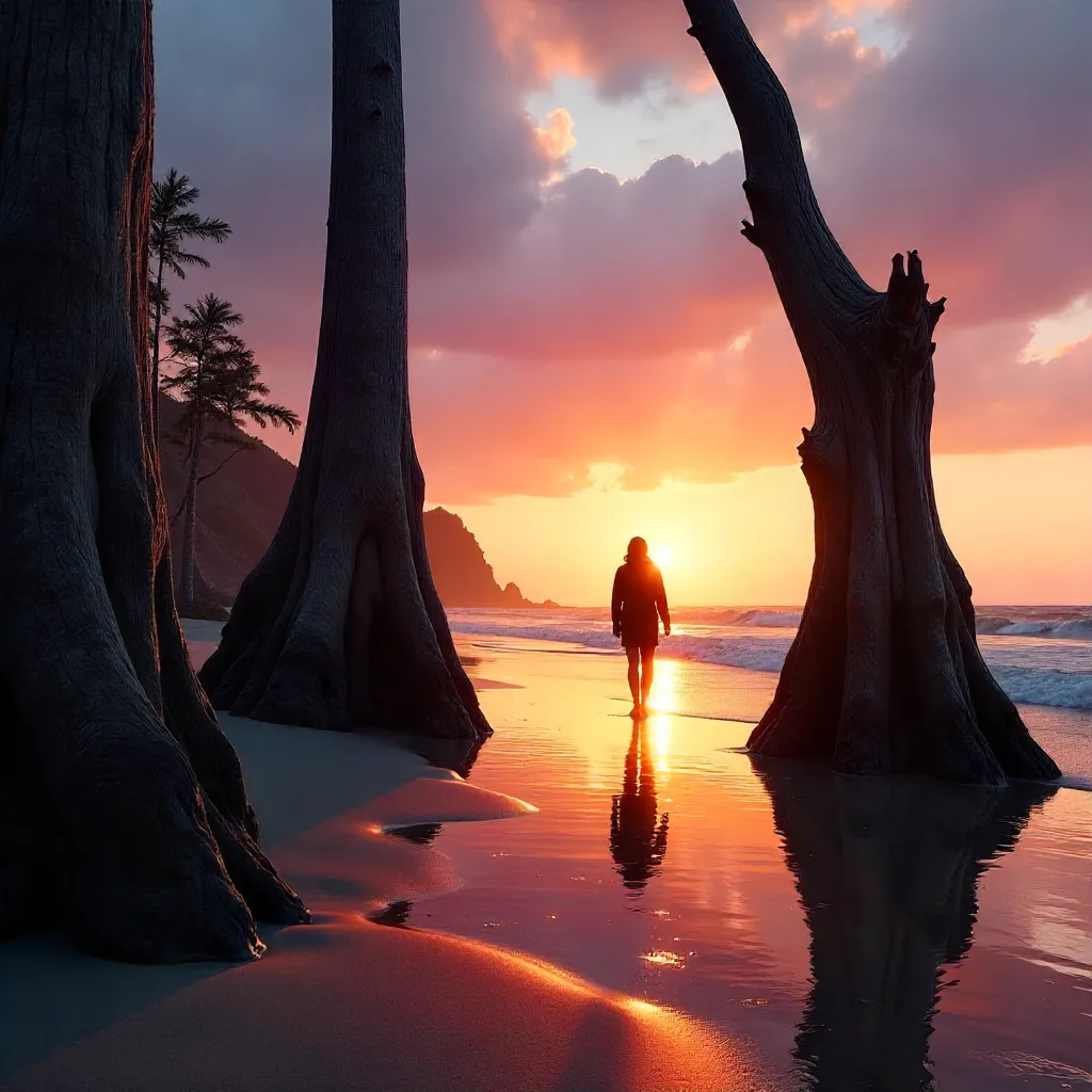 Silhouette Walks Amid Tall Driftwood at Sunset Beach