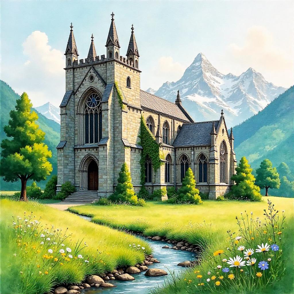 Alpine Meadow Cathedral in Watercolor