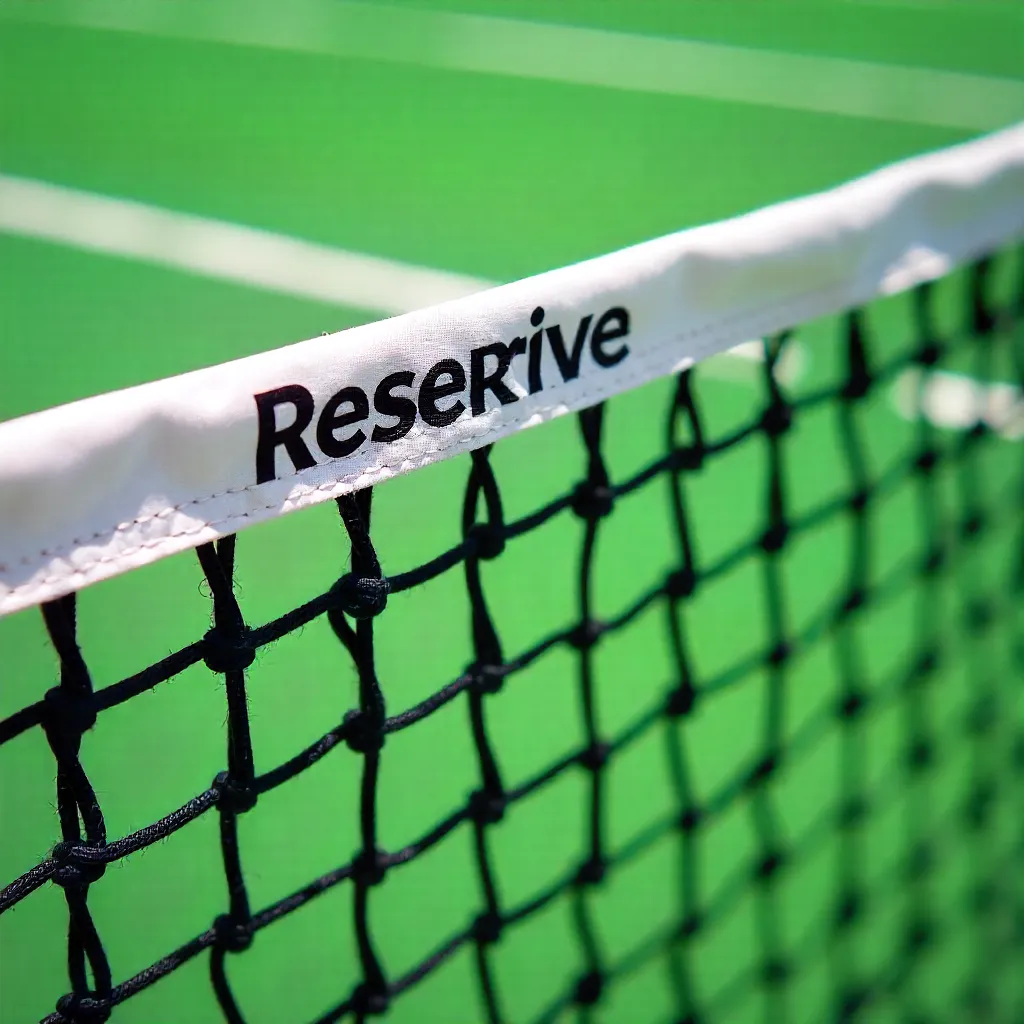 Close-Up of Tennis Net with Reserve on Bright Green Court