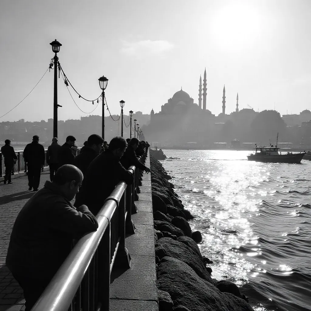 Monochrome Istanbul: Galata Bridge Fishermen and Mosque
