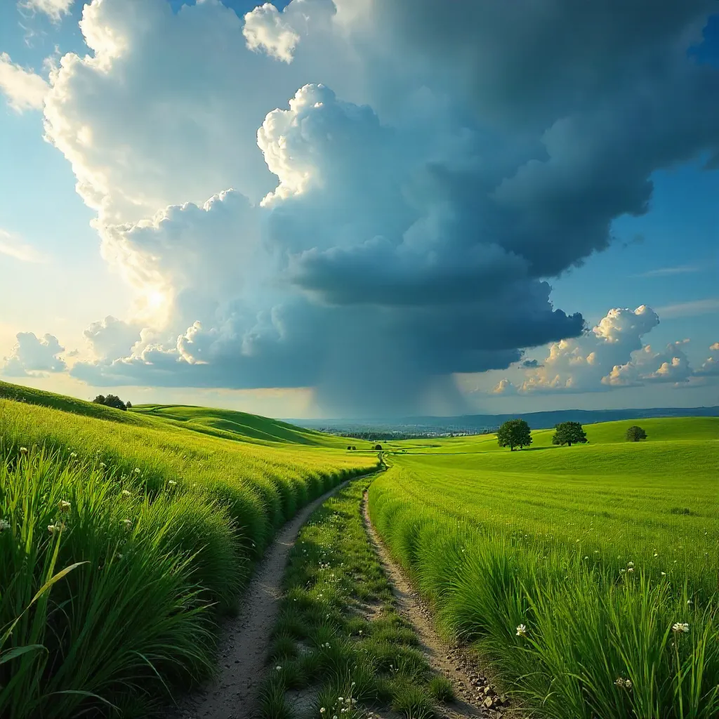 Expansive Meadow Under Dramatic Cumulonimbus Cloud