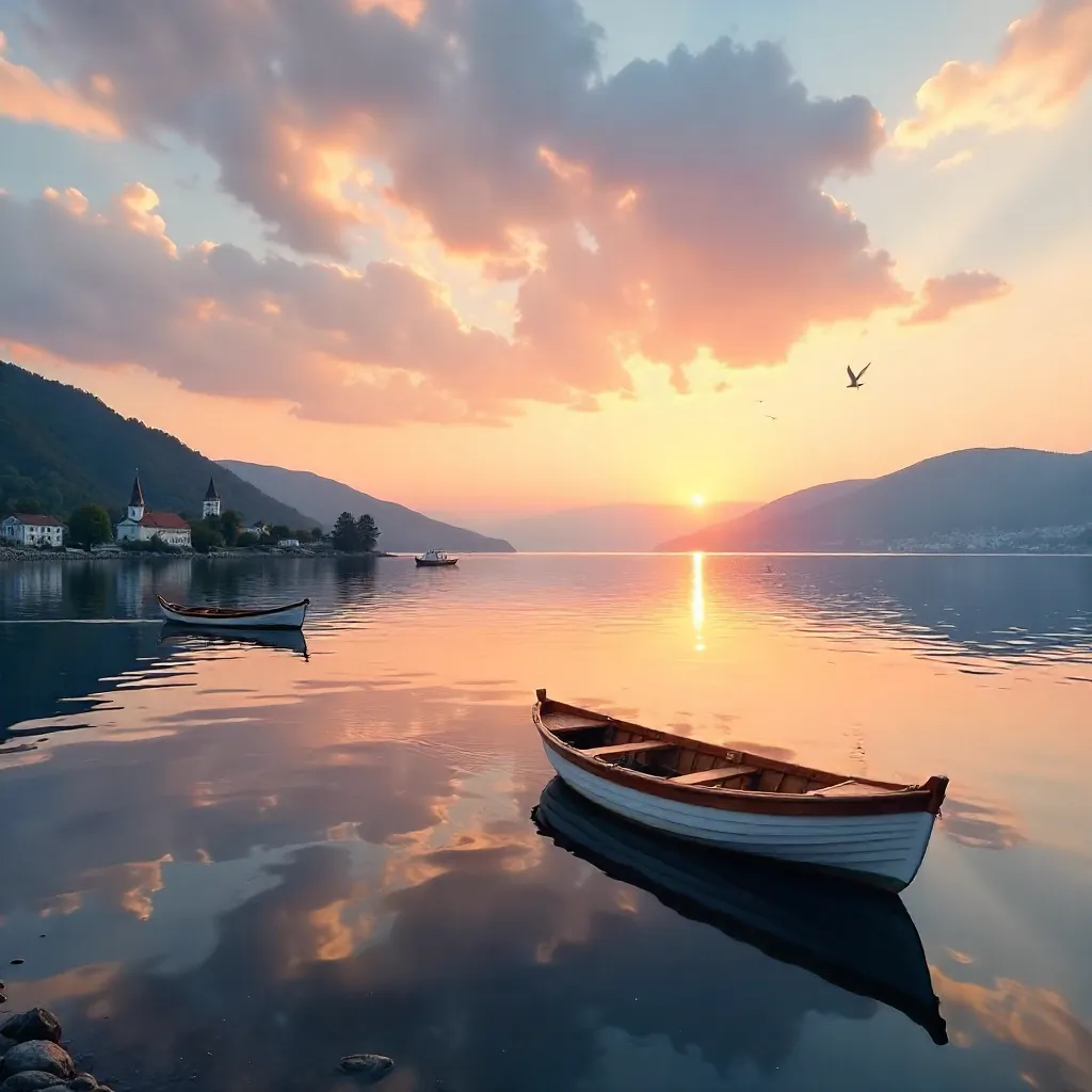 Serene Ohrid Sunset with Boats on Calm Water