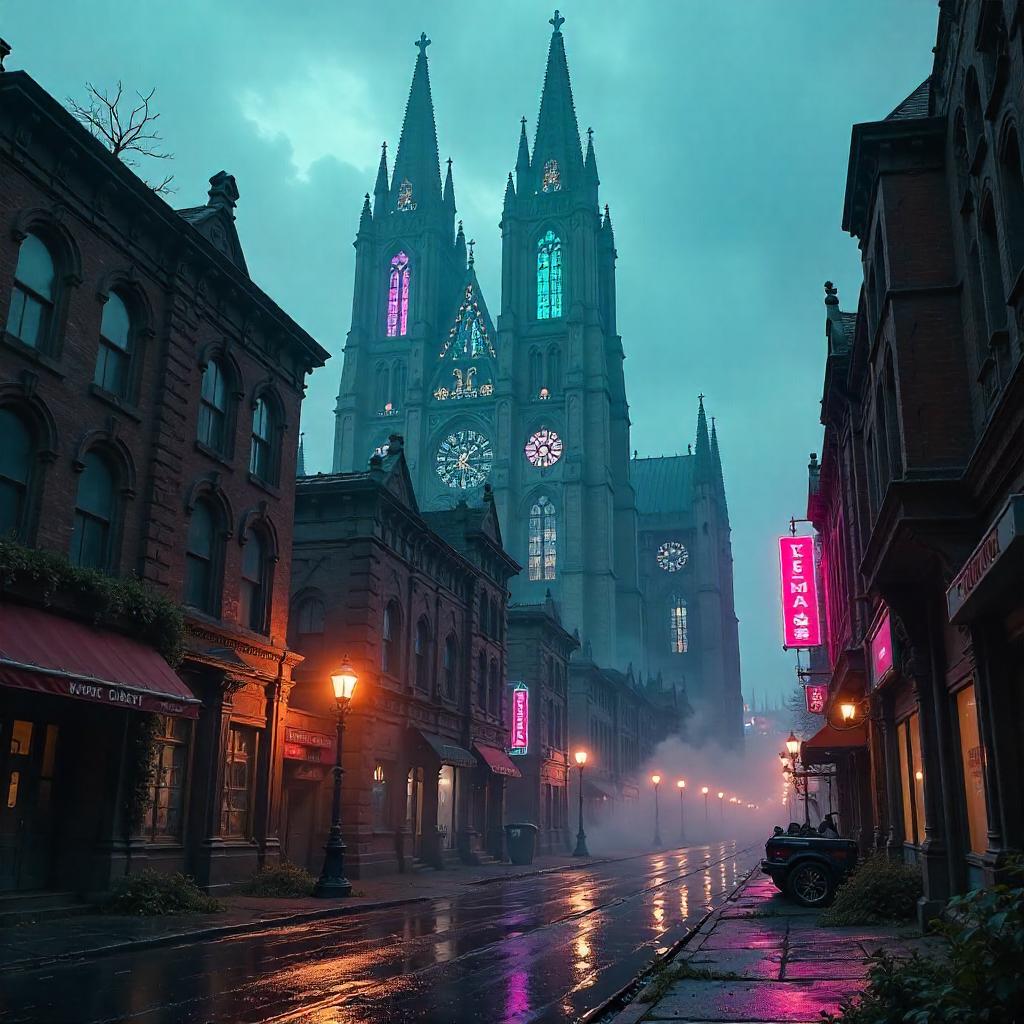 Neon Gothic Cathedral in a Ghost Town