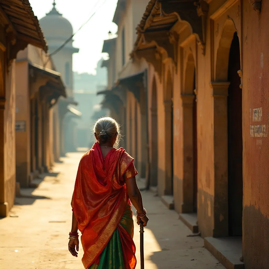 Sunrise Stroll: Elderly Woman in Indore's Historic Streets