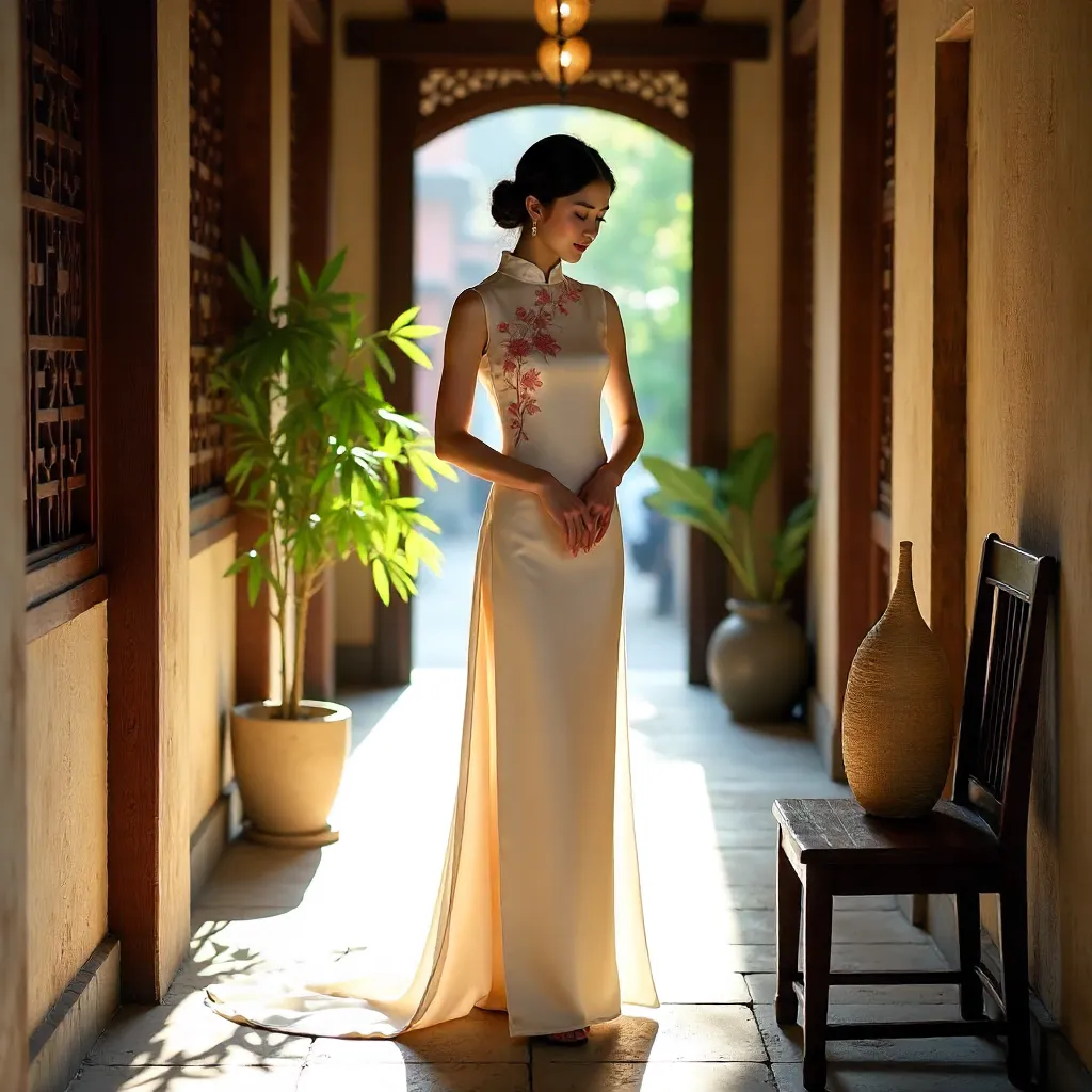 Elegance in Ao Dai in Hanoi Corridor