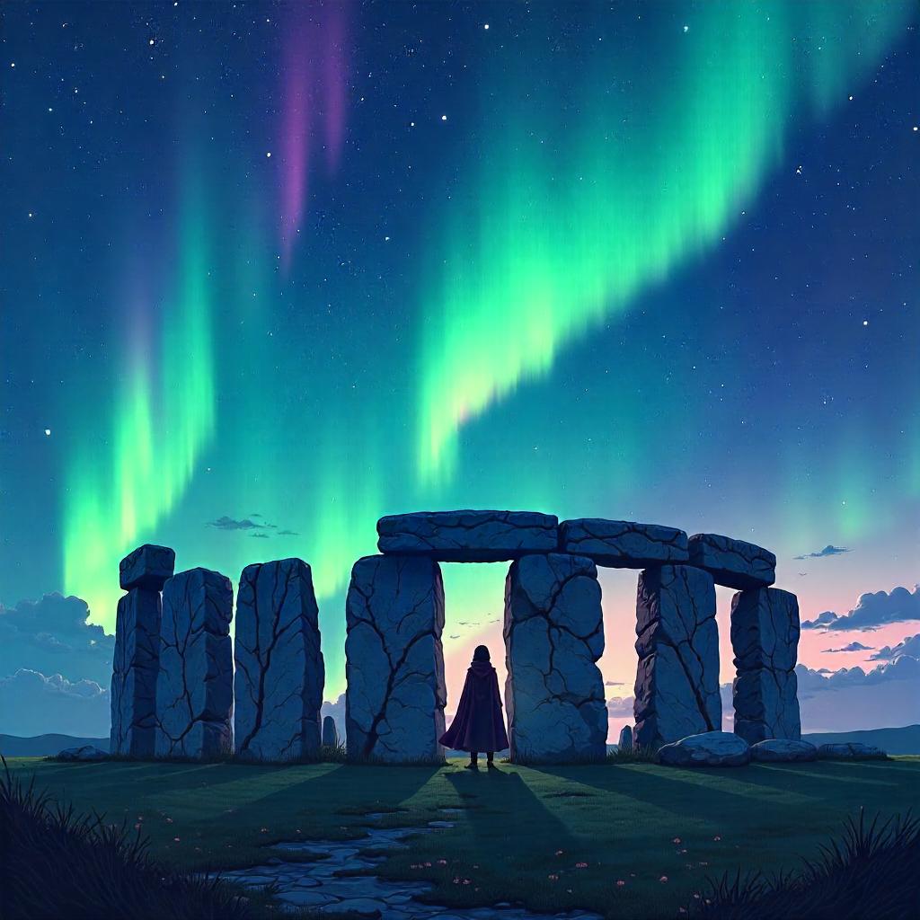 Aurora over Stonehenge in Anime Style