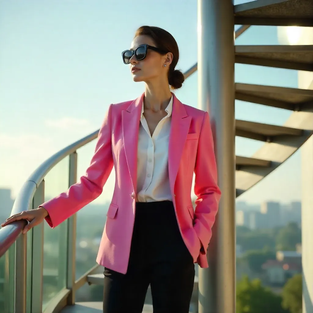 Elegant Pink-Blazer on Outdoor Spiral Staircase
