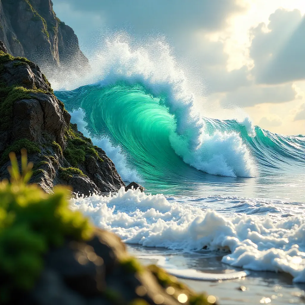 Vibrant Wave Collision on Moss-Covered Rocks
