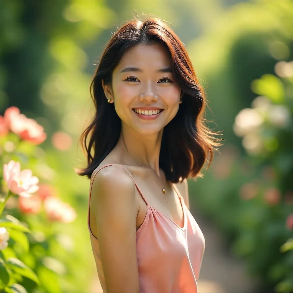 Cheerful Asian Woman in a Lush Garden