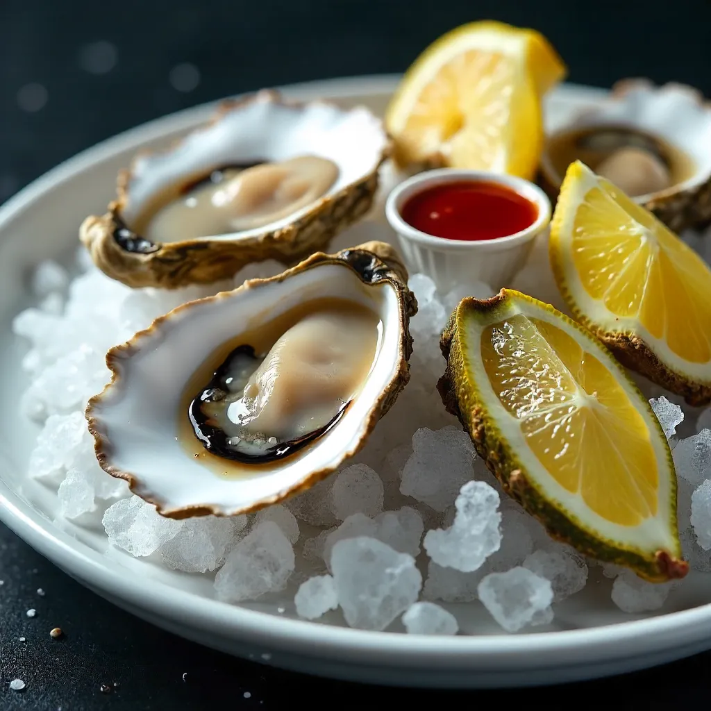 Chilled Oyster Platter on Ice with Lemon and Hot Sauce