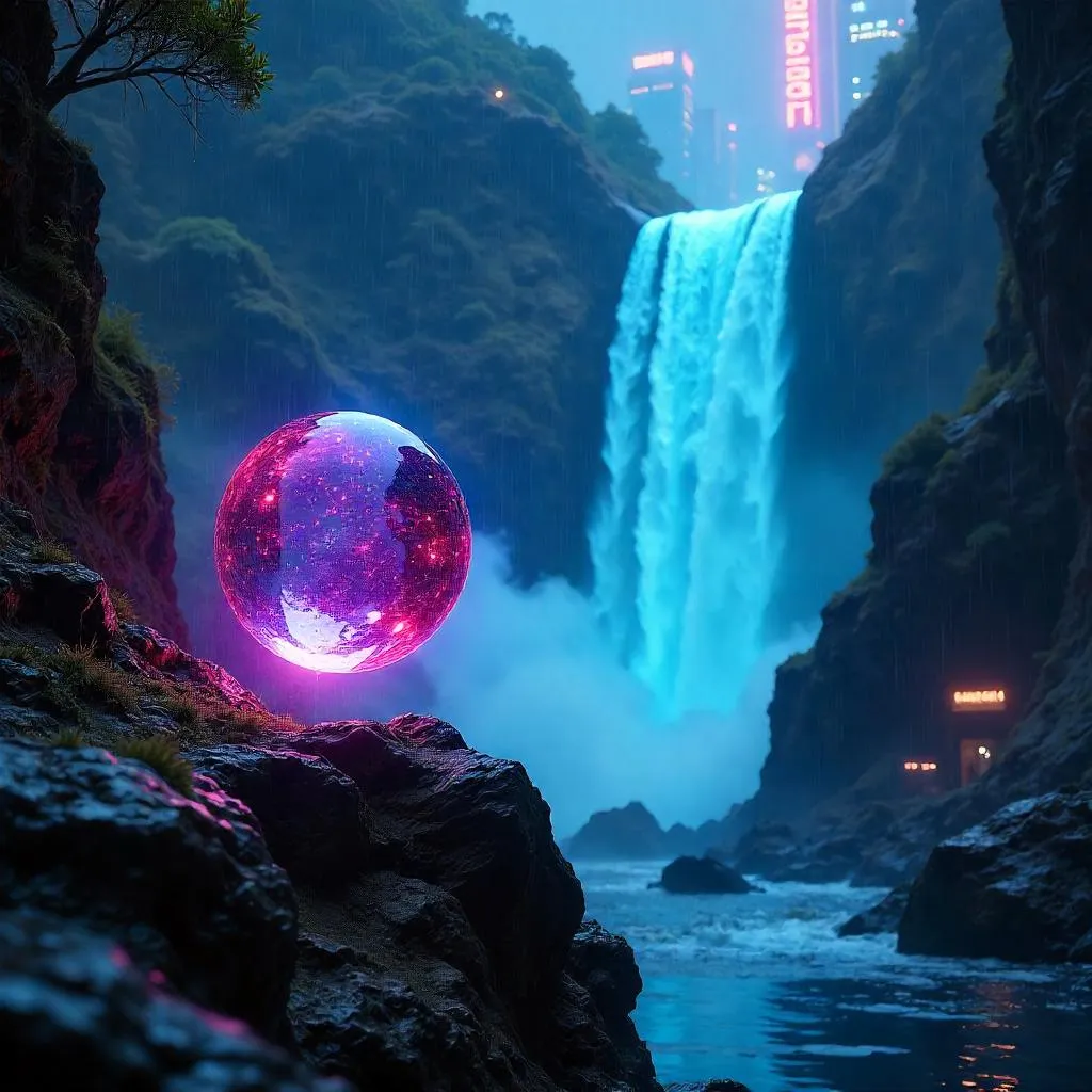 Spirit Orb Among Neon Falls