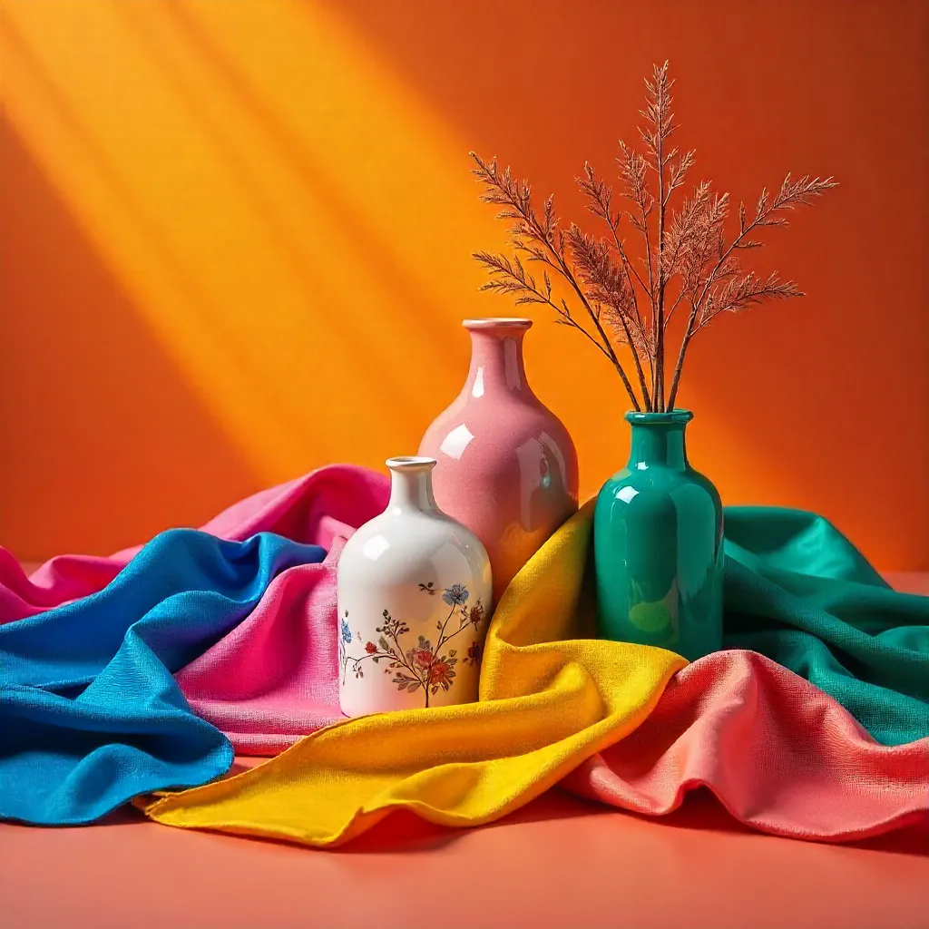 Vibrant Textiles Arranged with a Vase on Orange Backdrop