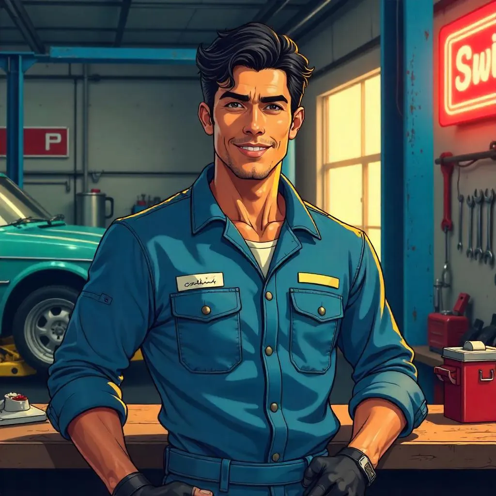 Handsome Indian Mechanic in Anime Style in a Busy Shop