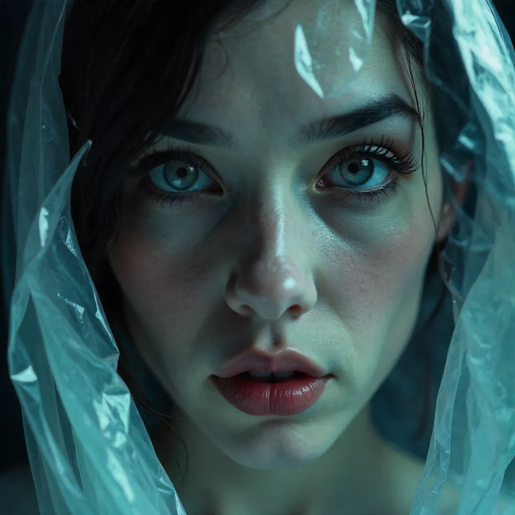 Crinkled Plastic Portrait: A Surreal Gaze
