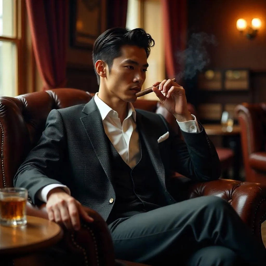 Cigar Lounge Portrait: Young Asian Man (Photorealistic)