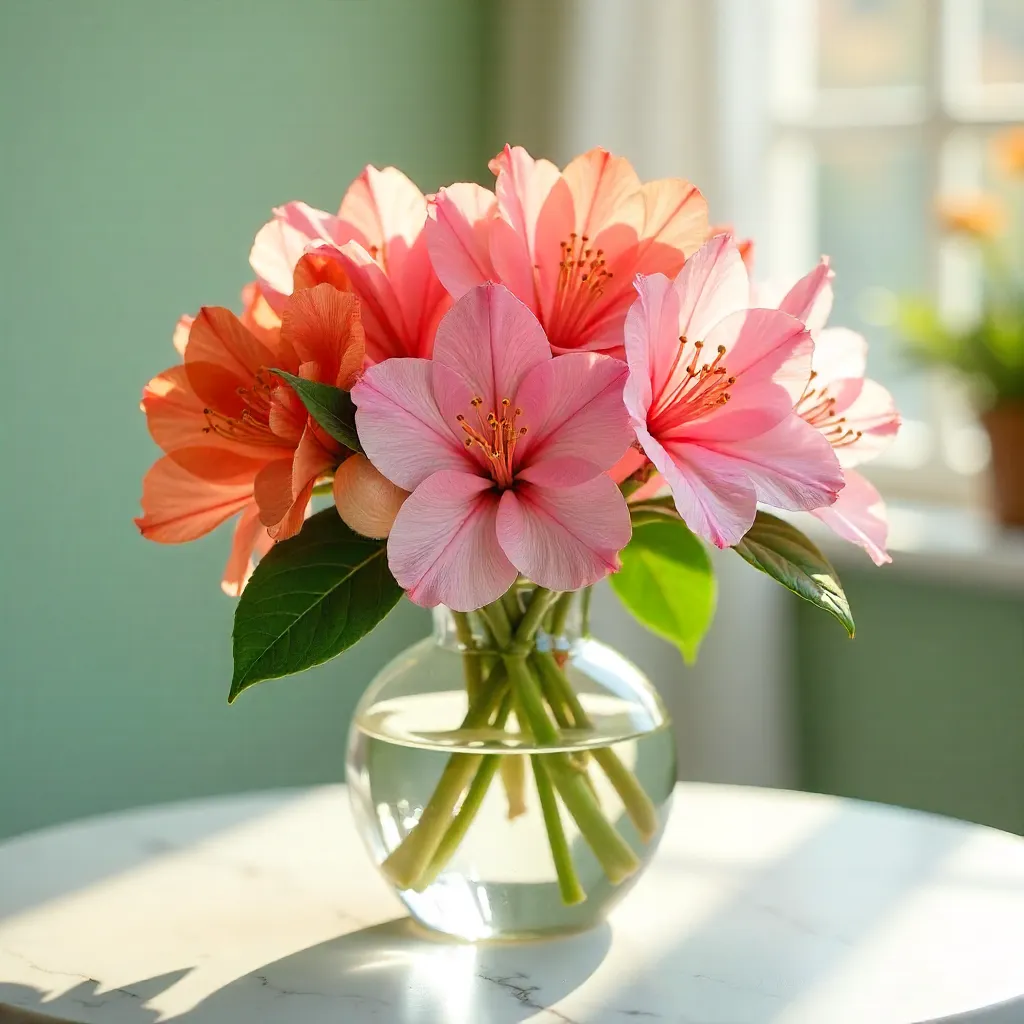 Spring Glow: Pink Rhododendrons in Crystal Vase