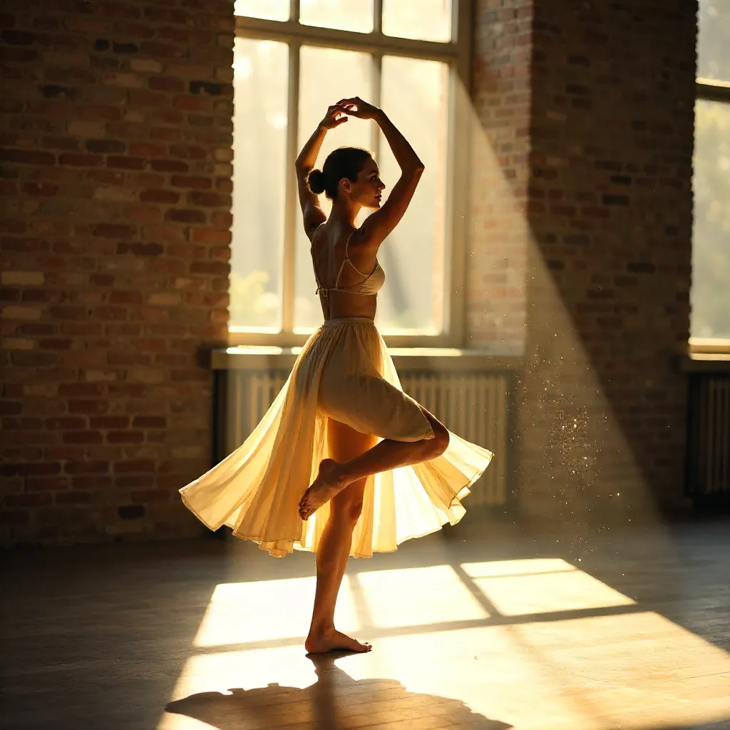 Graceful Dancer in a Sunlit Brick Studio