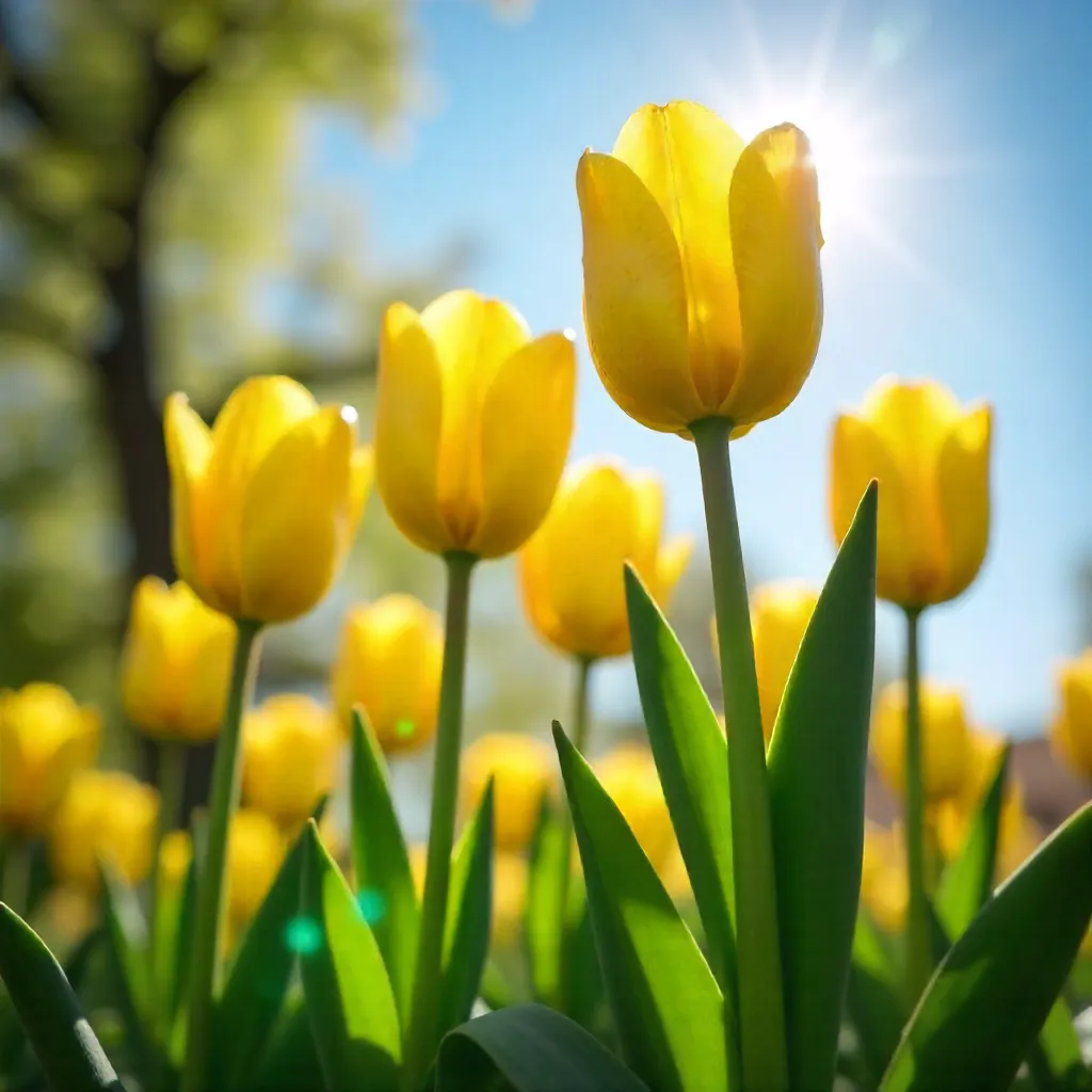 Low Angle Glow Bright Yellow Tulips in Spring Sunshine