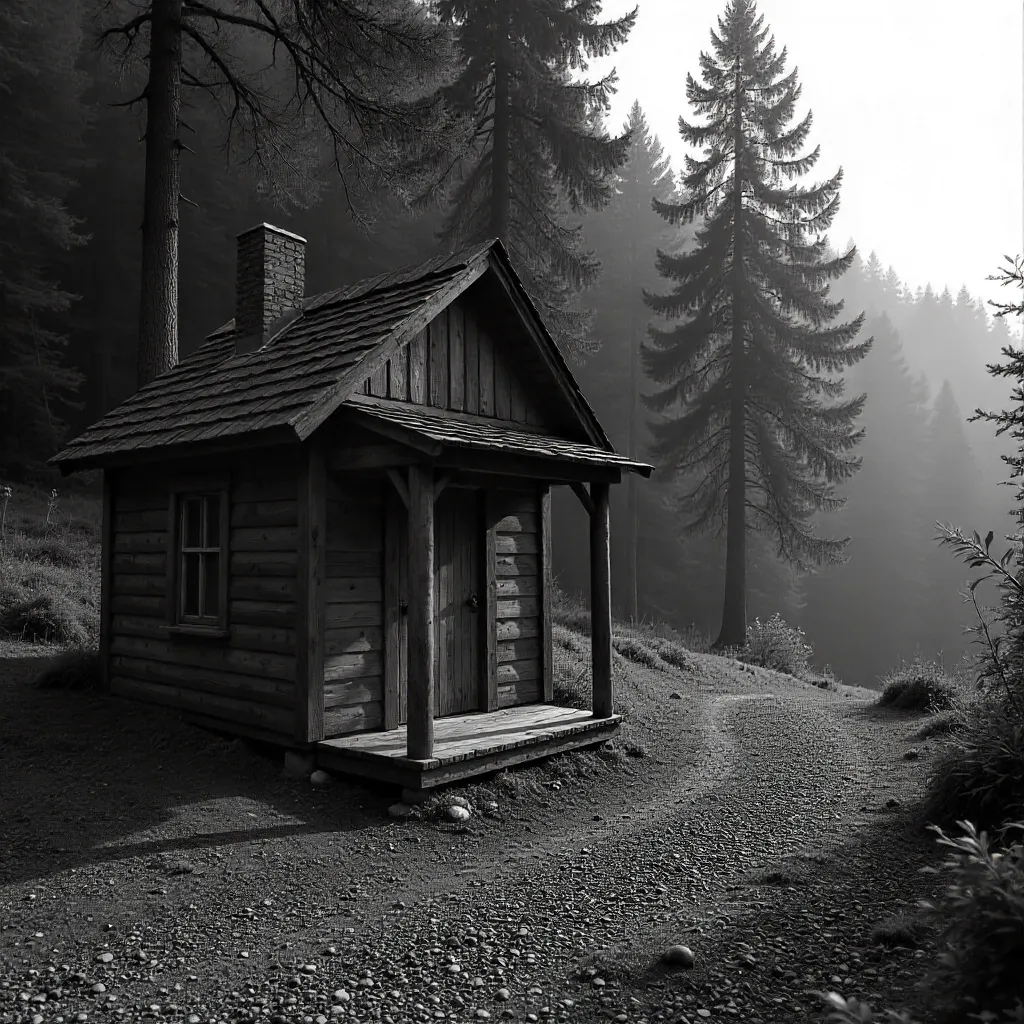 Monochrome Rustic Hut in Forest Backdrop