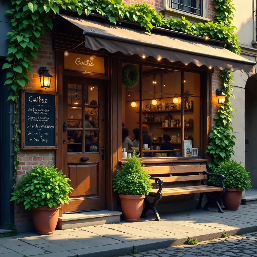 Warmly Lit Cafe Entrance with Plants and Rustic Menu