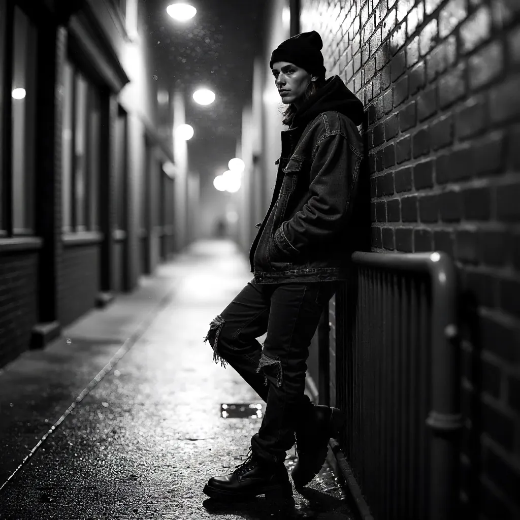 Moody Black & White Street Portrait on a Rail