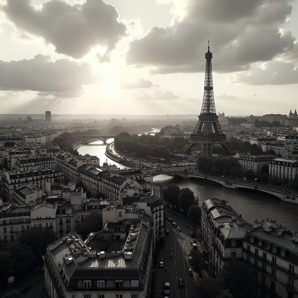 Aerial Noir: Paris Skyline with Eiffel Tower