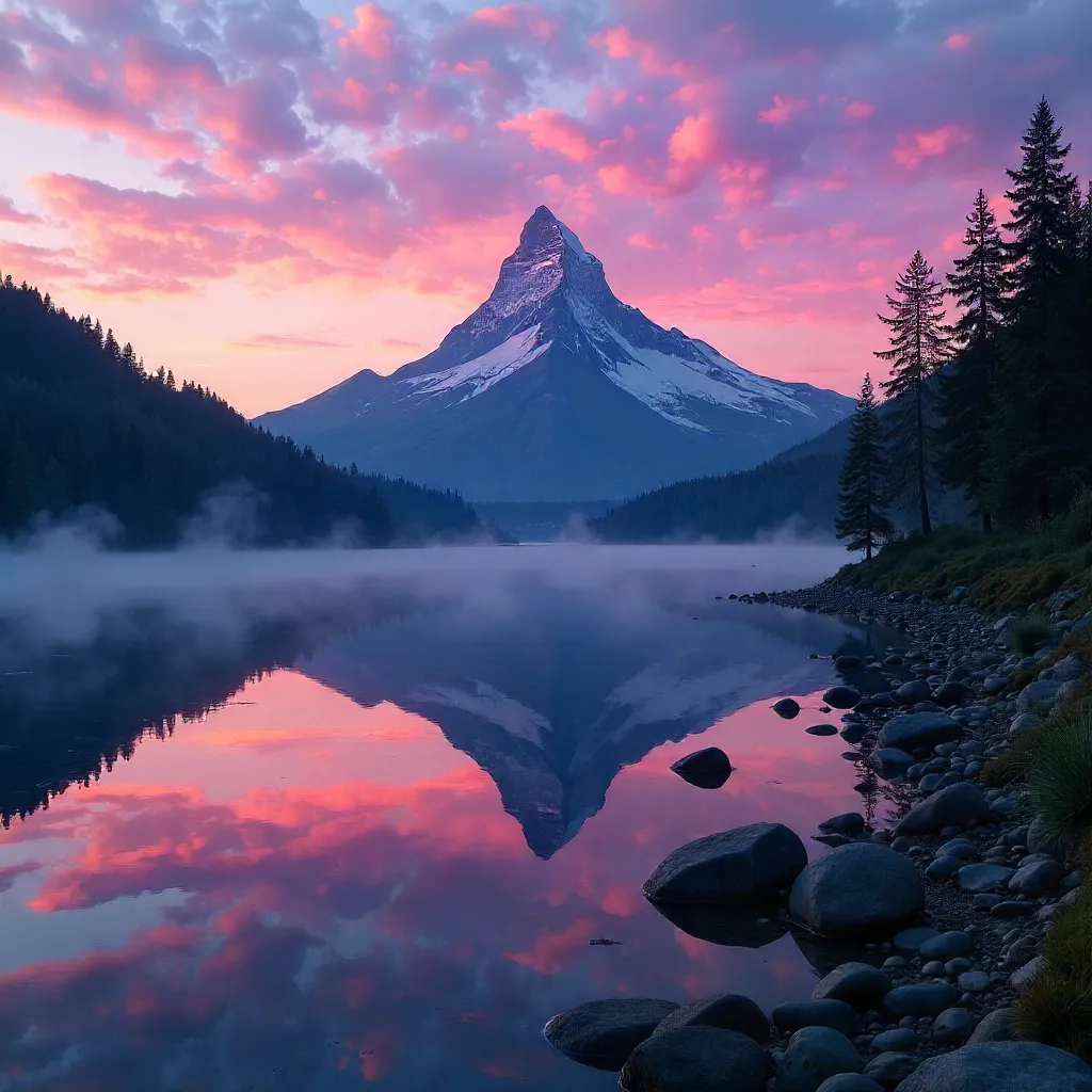 Pink-Purple Dusk Mountain Reflected in Tranquil River