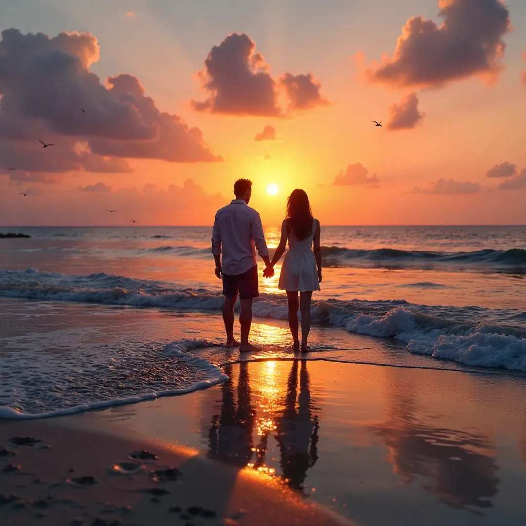 Silhouette Lovers at Sunset by the Ocean