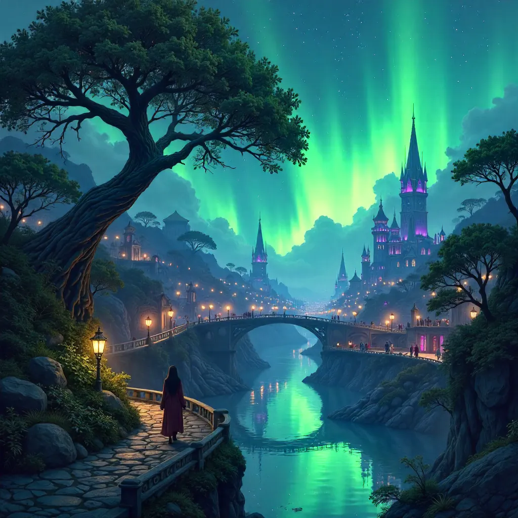 Aurora Over the Elven City in Anime Style