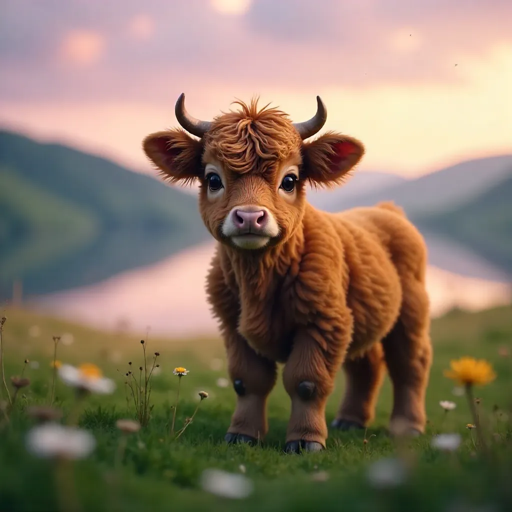 Dusk by the Lake: Highland Calf in Meadow