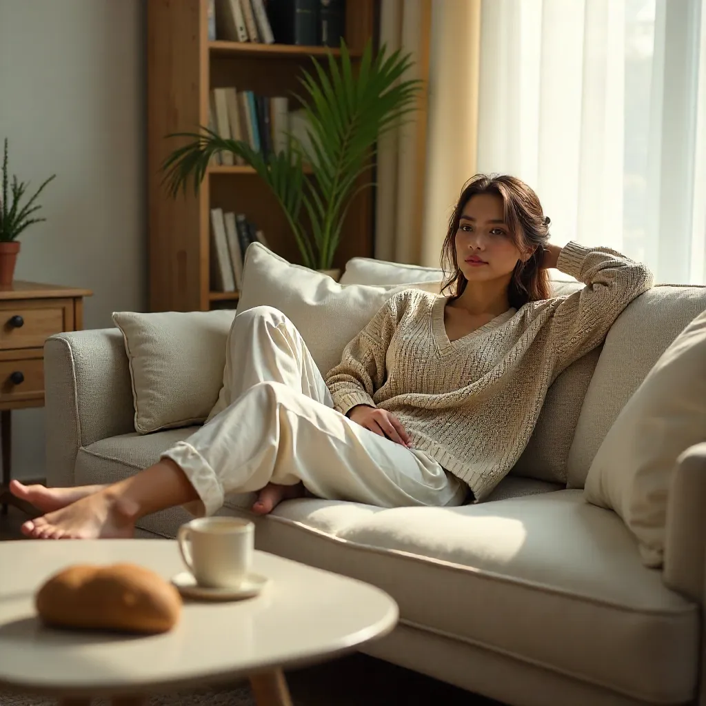 Cozy Lounge Moment: Young Woman in Casual Comfort