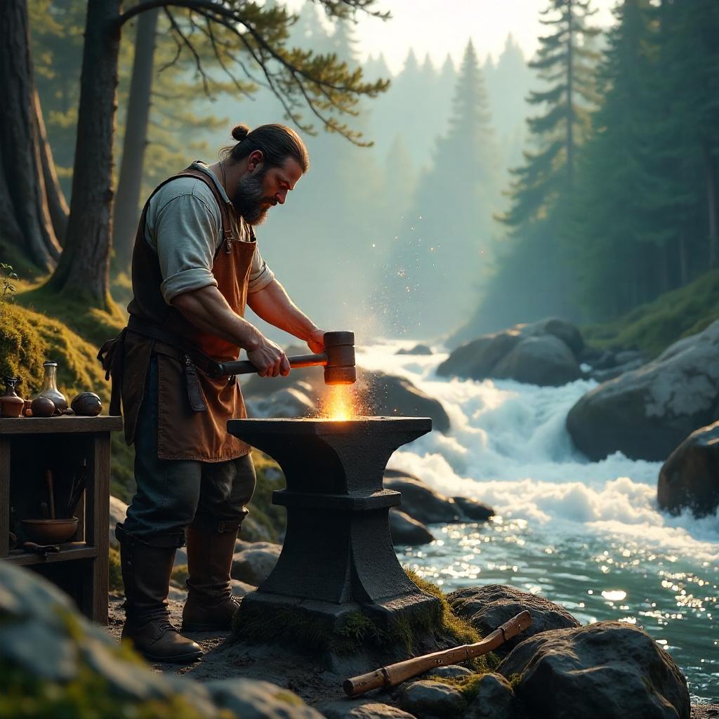 3D Render: Blacksmith by a Rushing River