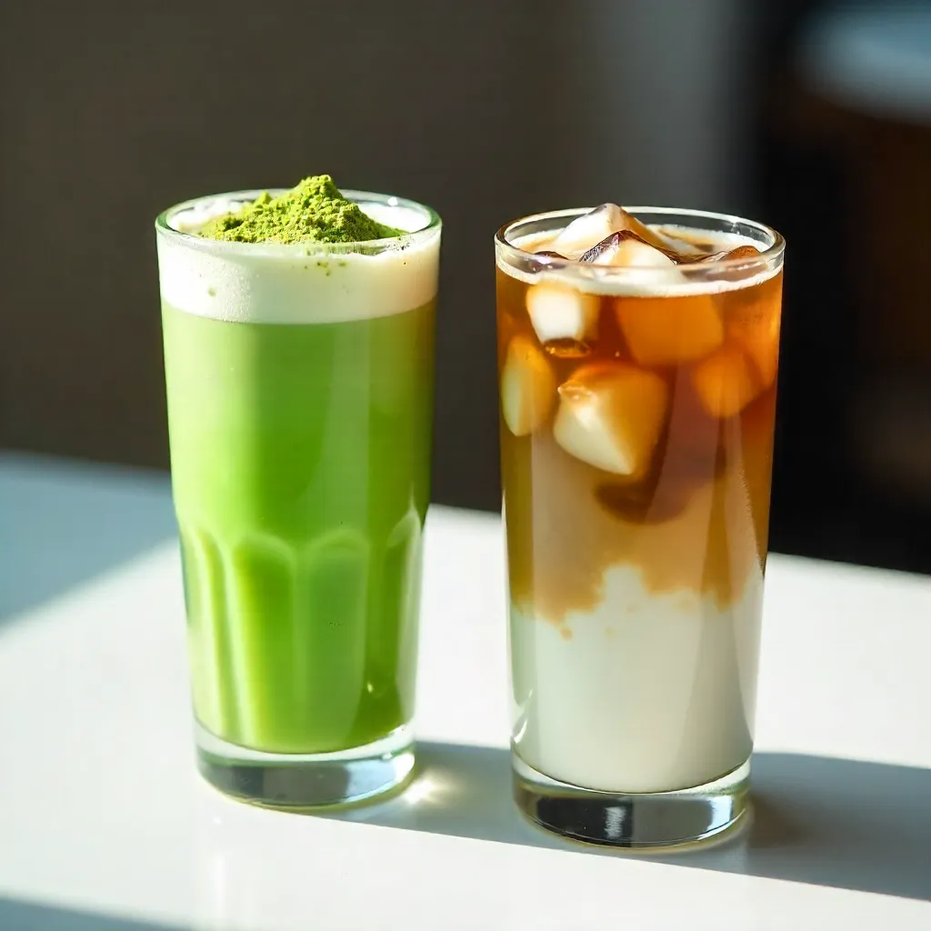 Chilled Matcha Latte and Iced Coffee on White Table