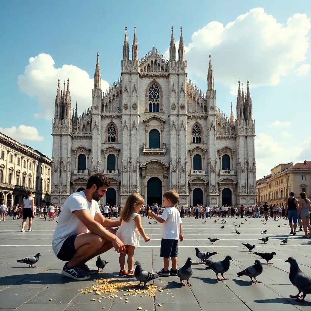 Family feeding pigeons at Milan's Piazza del Duomo