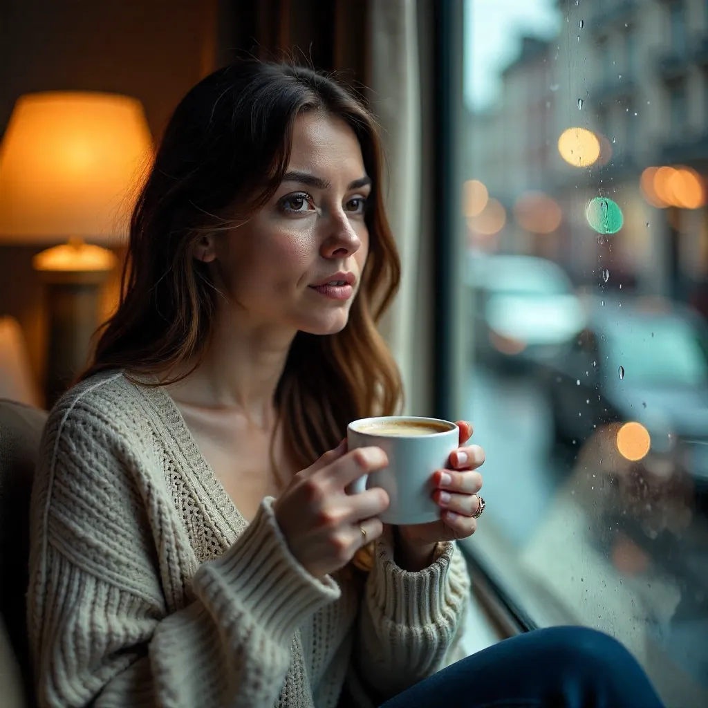 Window Reflections: A Pensive Woman with Coffee