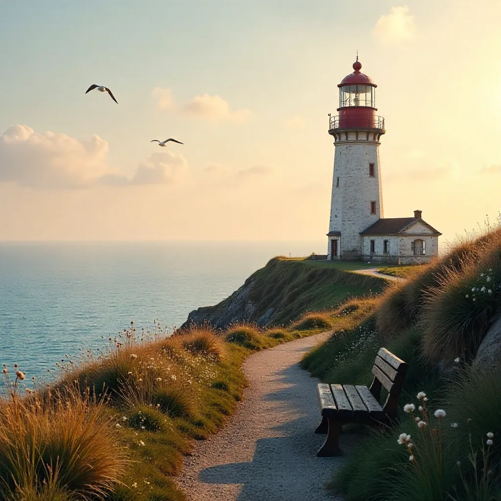 Serene Normandy Coast Lighthouse at Golden Hour