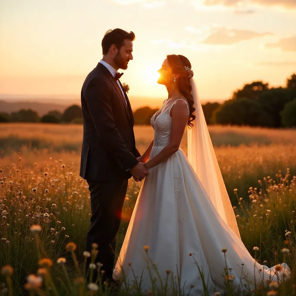 Golden Sunset Wedding: Elegant Couple Portrait