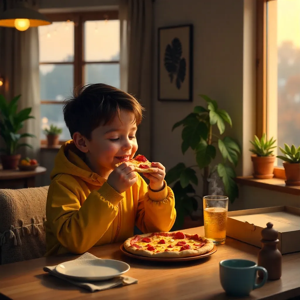 Cozy Home Dinner: Boy in Yellow Jacket Enjoys Pizza