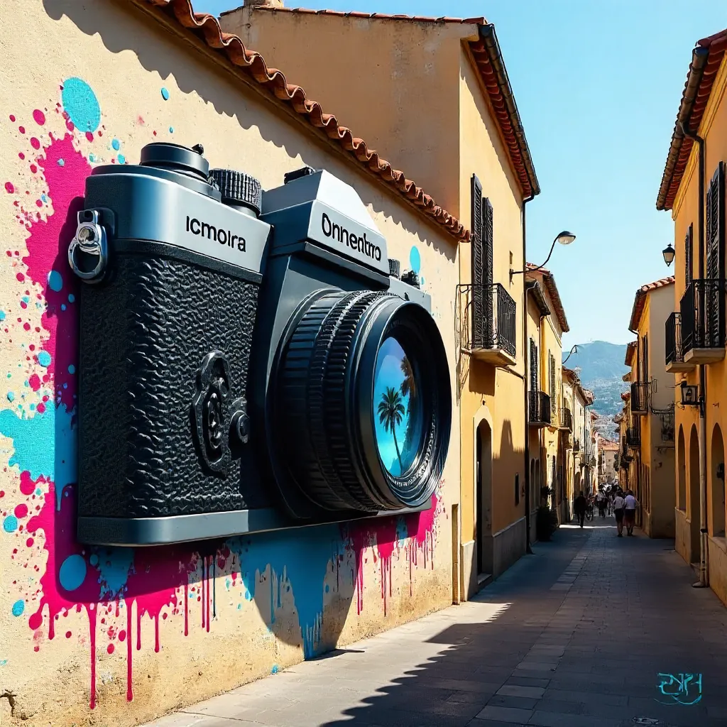 Cannes Street Art Mural: Camera on Historic Facades